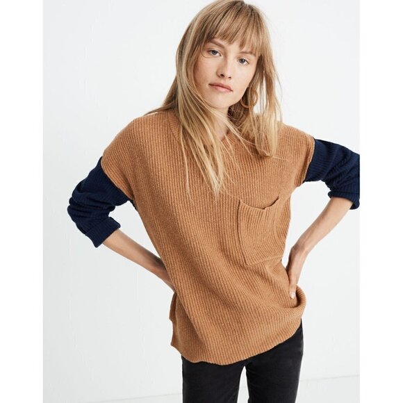 Madewell Sweaters - Madewell Thompson Pocket Brown & Blue Colorblock Crewneck Sweater XL